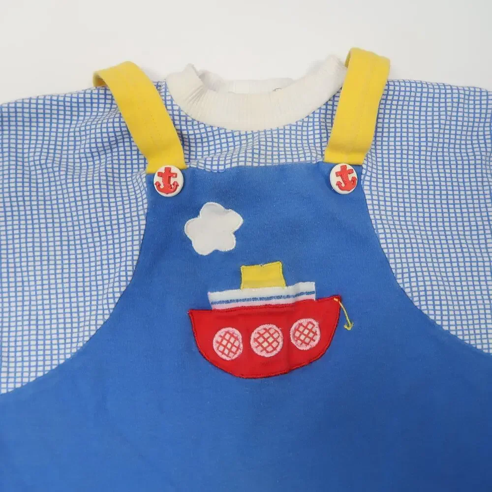Vintage 90s Le Top Blue Sailboat One Piece Jumpsuit Baby Toddler Boy 24 Months